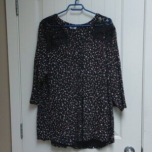 Penningtons 3x Black 3/4 sleeves flower pattern buttons lace top blouse shirt